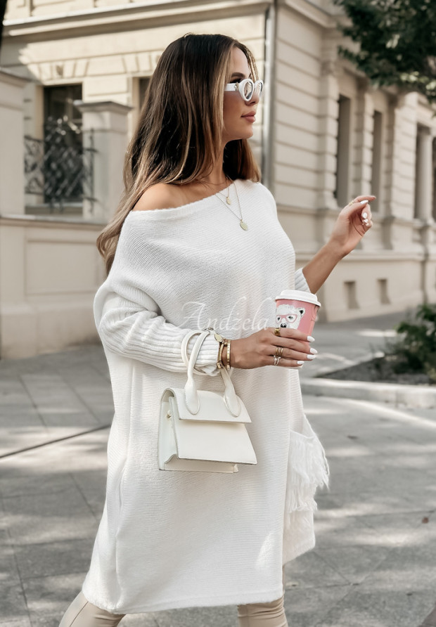 Oversize-Pulloverkleid mit Fransen Hot Tea Ecru