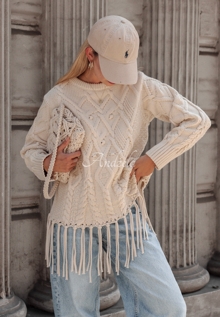 Decoratively woven sweater with fringe Cocomore Menville ecru
