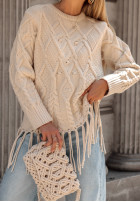 Ozdobnie pleciony Jumper z frędzlami Menville in ecru