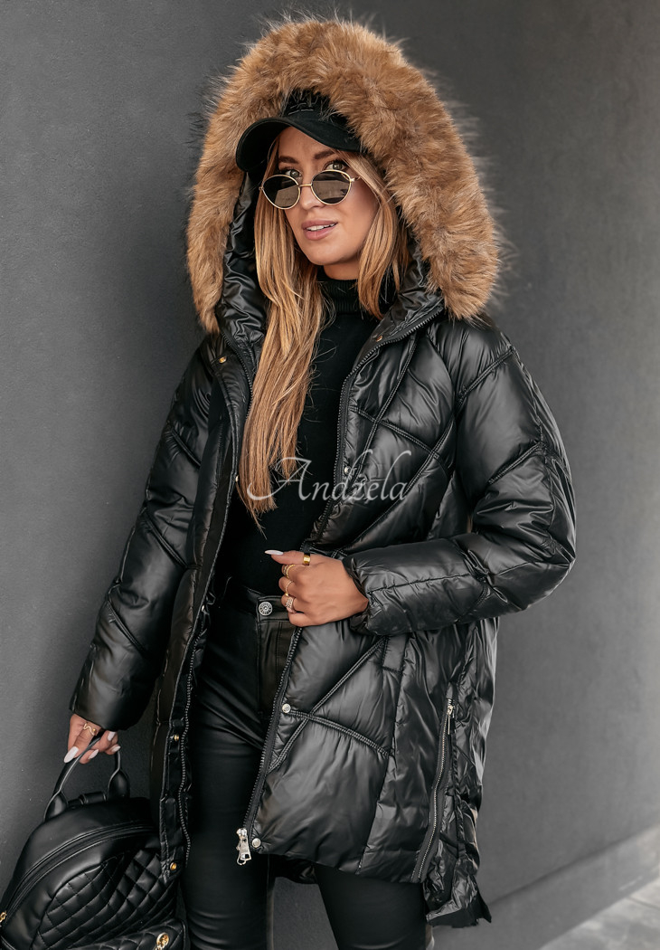 Steppjacke mit Fellimitat Polar Bear Schwarz