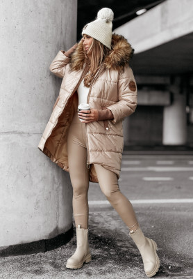 Lange Steppjacke mit Fell Cold And Snow Beige