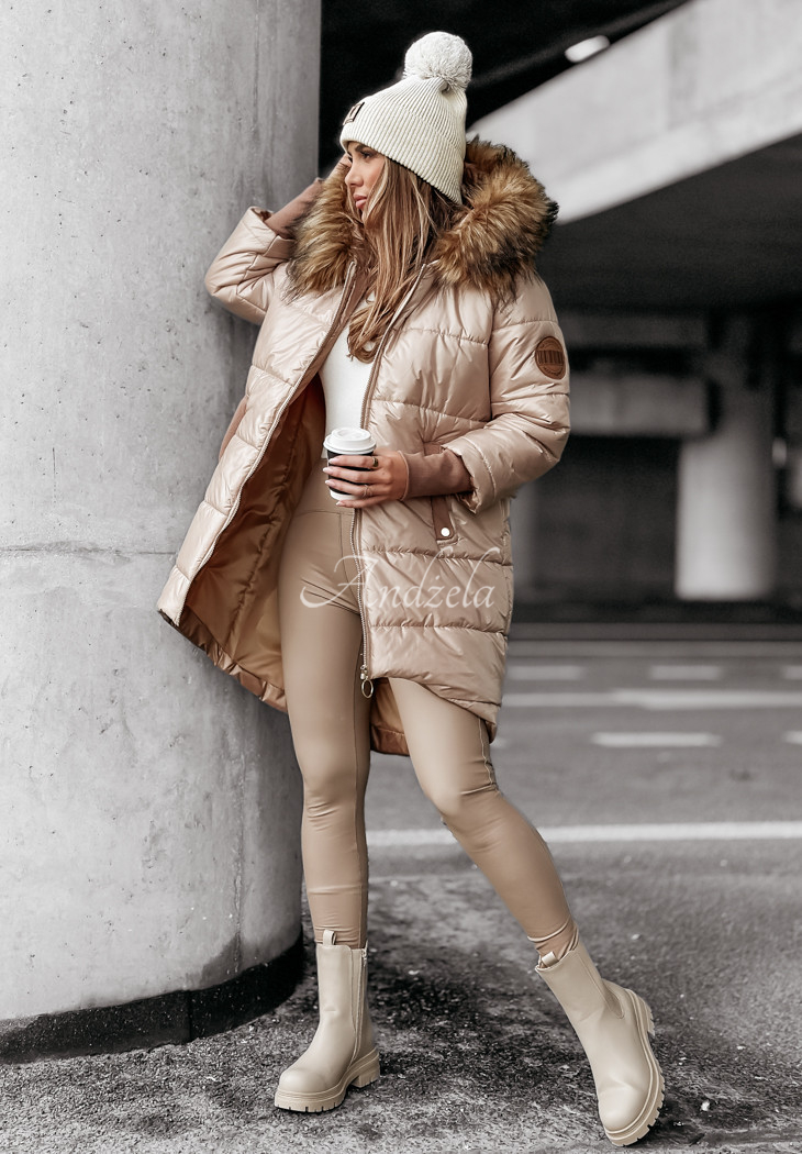 Lange Steppjacke mit Fell Cold And Snow Beige