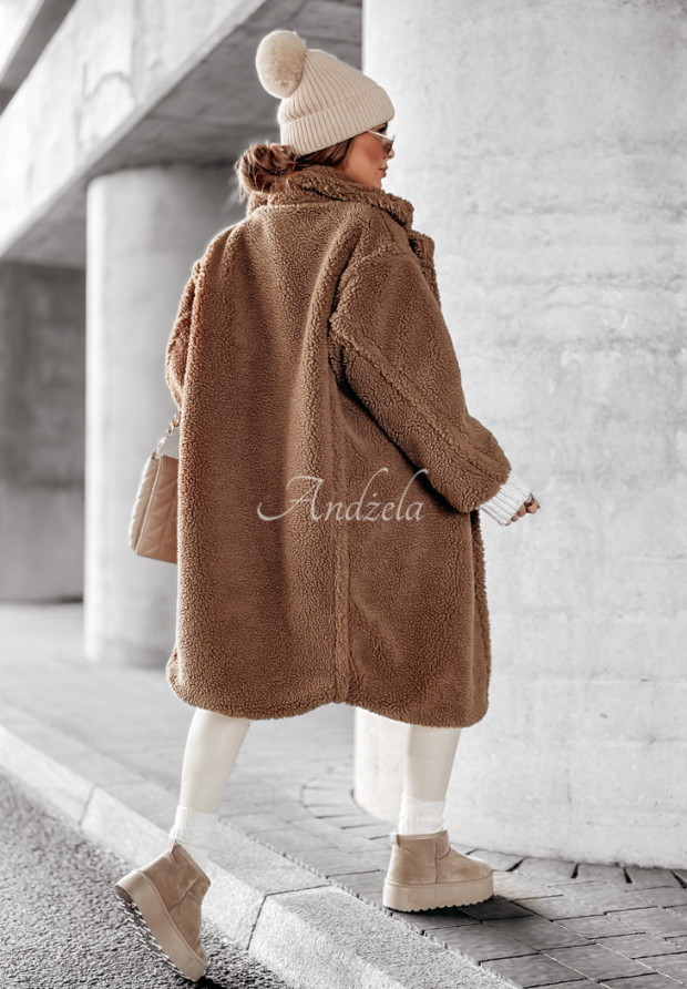 Langer Mantel aus Schaffellimitat Essence Of Autumn Schokoladenbraun