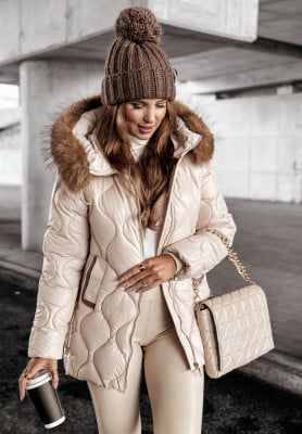 Gesteppte Jacke mit Fellimitat Winter Dream Hellbeige