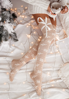 Weihnachts-Überkniestrümpfe mit Schleifen White Christmas Beige