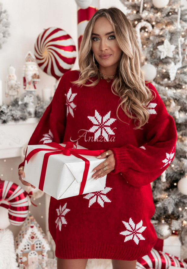 Langer Weihnachtspullover mit Schneeflocken Christmas Magic Rot