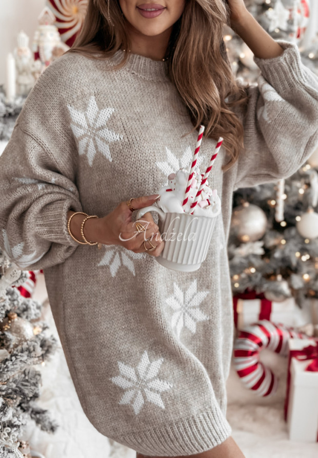 Langer Weihnachtspullover mit Schneeflocken Christmas Magic Beige