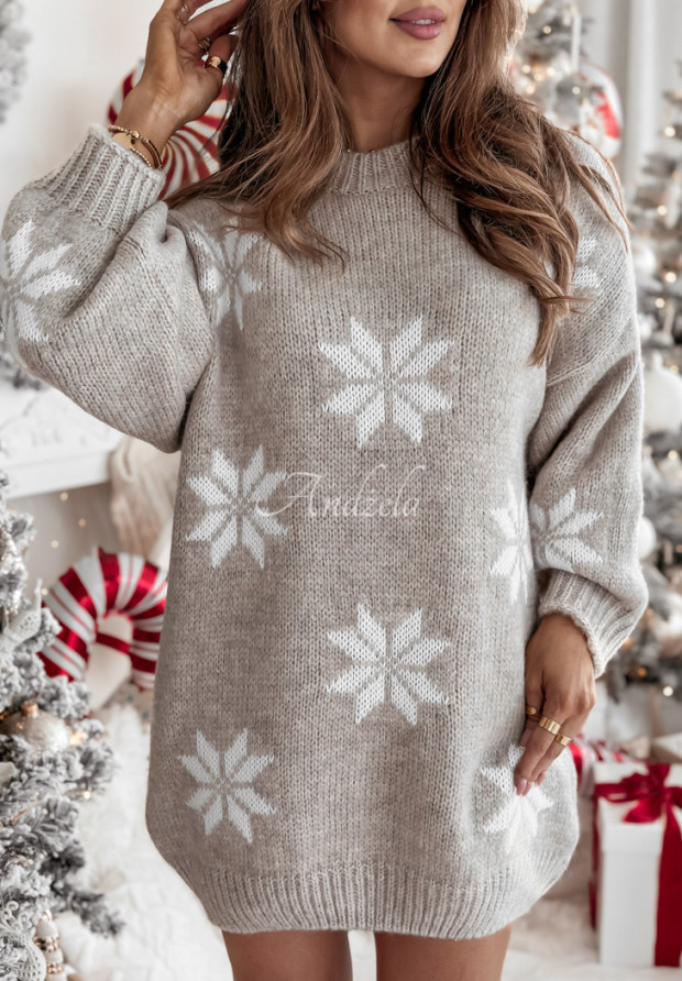 Langer Weihnachtspullover mit Schneeflocken Christmas Magic Beige