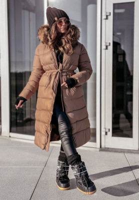 Lange Steppjacke mit Fell Winter Nights Camel