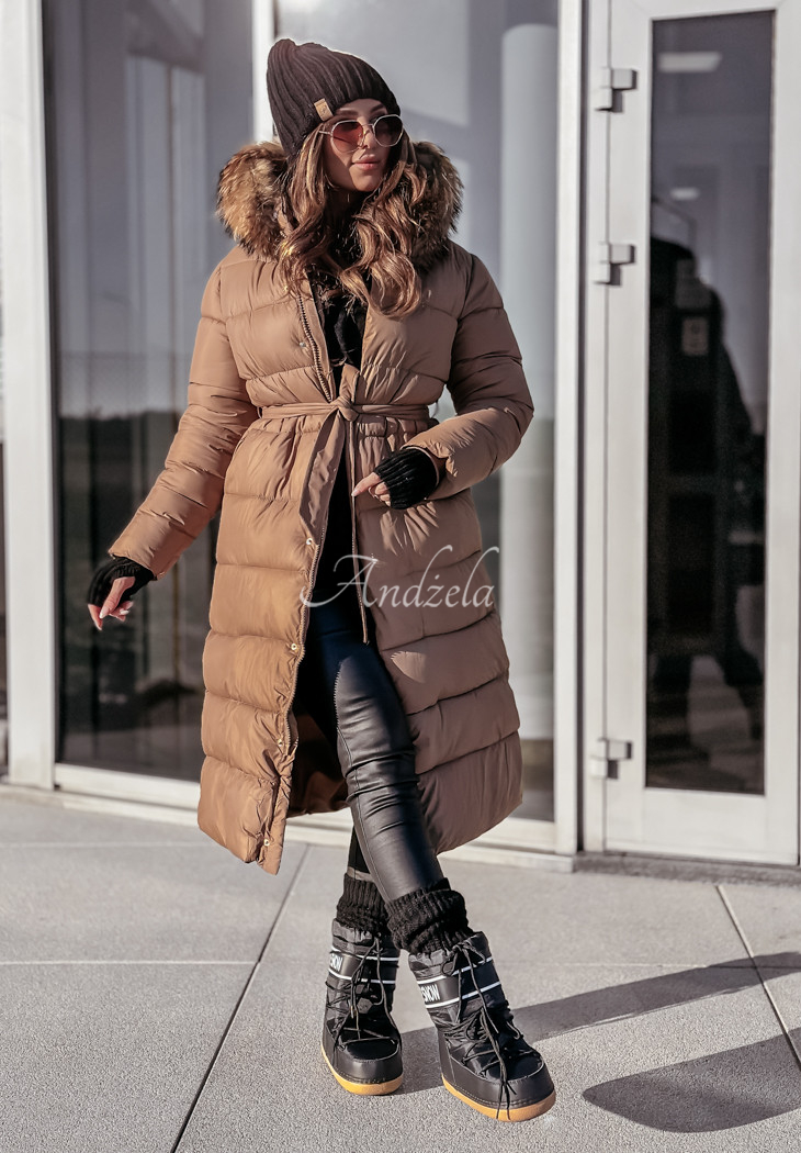 Lange Steppjacke mit Fell Winter Nights Camel