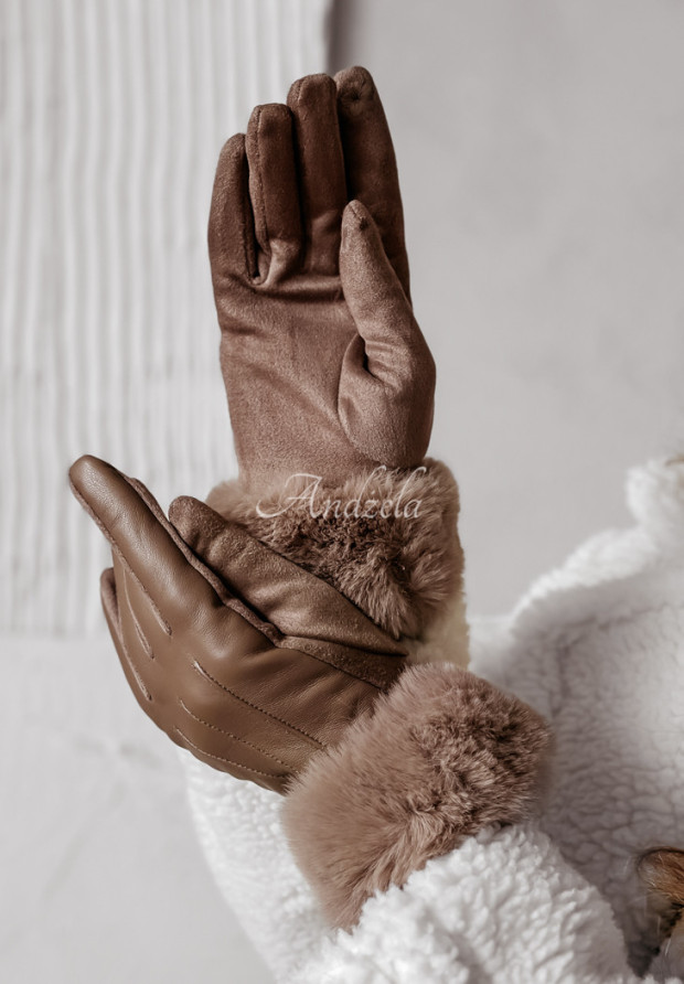 Handschuhe aus Kunstleder mit Fell Enjoy The Winter Camel