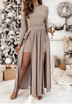 Błyszcząca Kleid maxi z rozcięciami Wish Come True jasnobeżowa