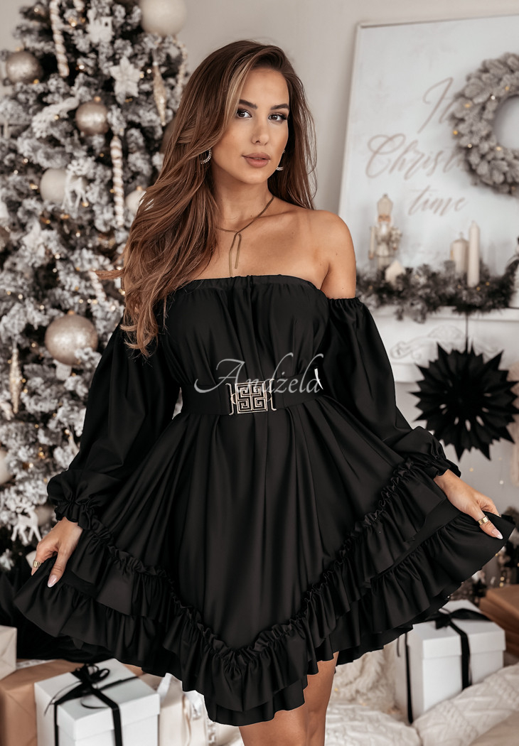 Satin Off-Shoulder-Kleid mit Rüschen Special Moment Schwarz