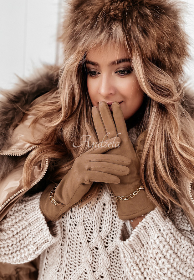 Handschuhe aus Velourslederimitat mit Kette Tennes Camel