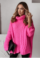 Ozdobnie pleciony Pullover z golfem Rosso Neon Rosa