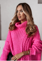 Ozdobnie pleciony Pullover z golfem Rosso Neon Rosa