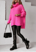 Ozdobnie pleciony Pullover z golfem Rosso Neon Rosa