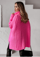 Ozdobnie pleciony Pullover z golfem Rosso Neon Rosa