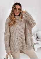 Ozdobnie pleciony Pullover z golfem Rosso Beige