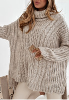 Ozdobnie pleciony Pullover z golfem Rosso Beige