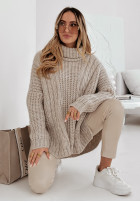 Ozdobnie pleciony Pullover z golfem Rosso Beige