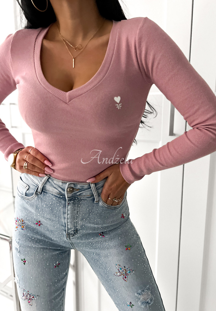 Gerippte Bluse mit Ausschnitt Take Everything Puderrosa