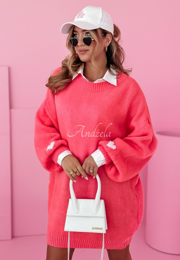 Oversize Pullover-Kleid Cute Heart Neon Rosa