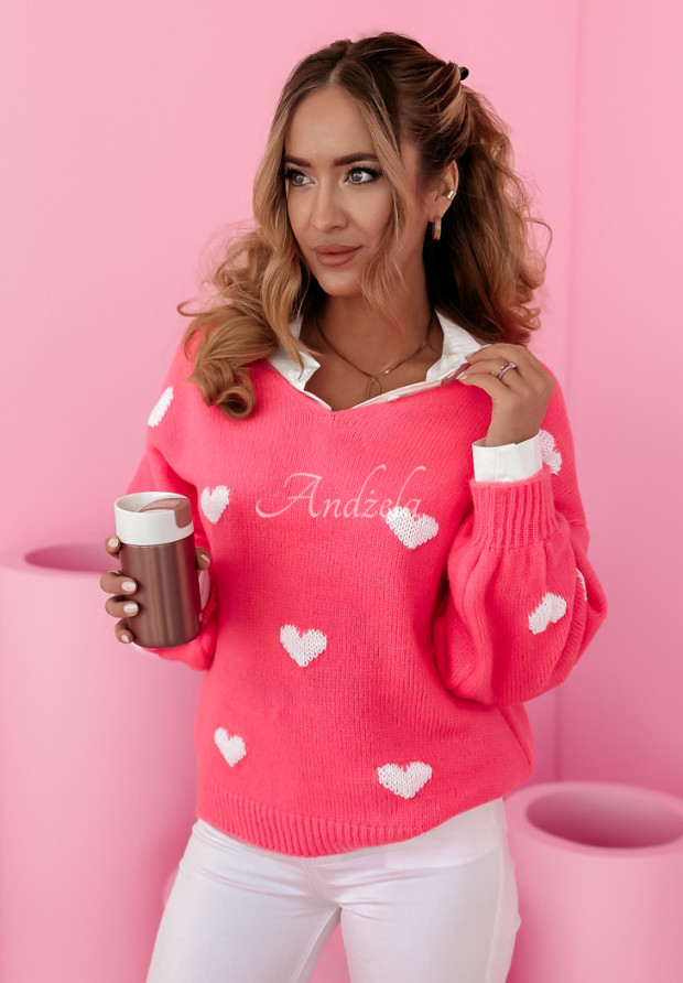 Oversize-Pullover mit Herzmuster Hearts All Over Neon Rosa