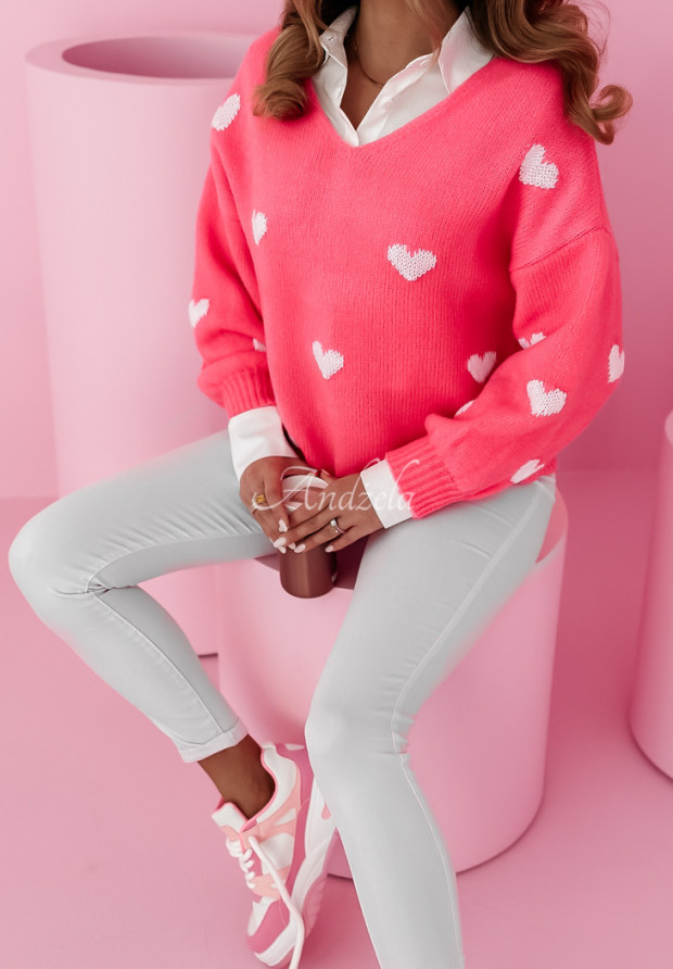 Oversize-Pullover mit Herzmuster Hearts All Over Neon Rosa