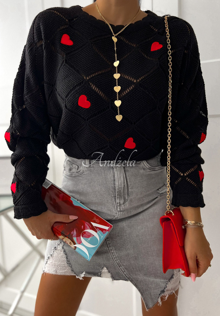 Kurzer durchbrochener Pullover mit Herzen Valentine's Wishes Schwarz