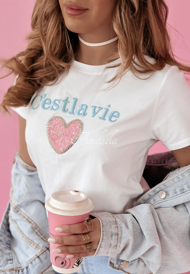 T-Shirt mit dekorativer Applikation C'est La Vie Weiß-Rosa