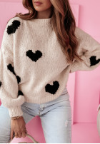 Pullover oversize w serca Love You Still Beige-Schwarz