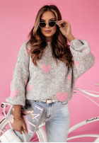 Pullover oversize w serca Love You Still Grau