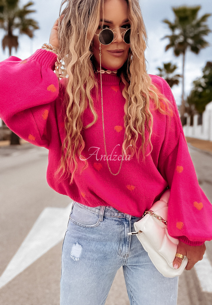 Sweter oversize w serduszka Show Me Love fuksjowy