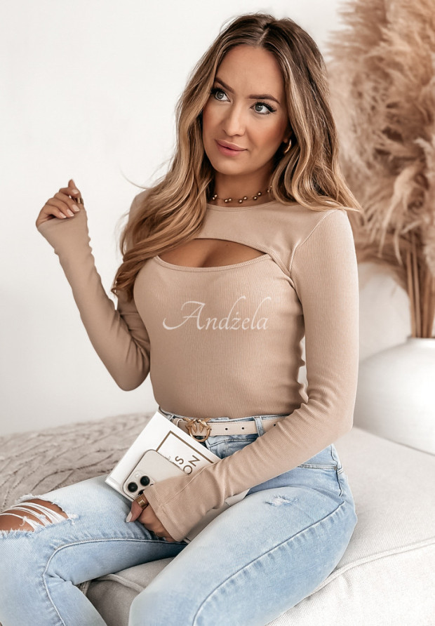 Gerippte Bluse mit Cut-Out Be Proud Beige