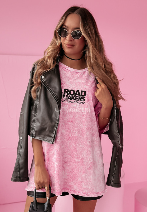 Langes T-Shirt mit Print The Road Makers Rosa