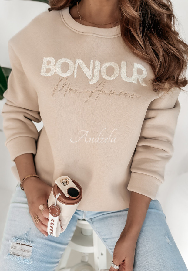 Oversize Sweatshirt mit Aufschrift Bonjour Mon Amour Beige