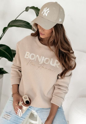 Oversize Sweatshirt mit Aufschrift Bonjour Mon Amour Beige