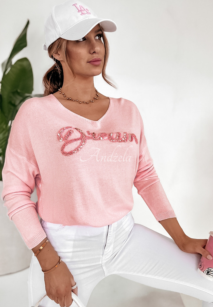 Leichter Pullover mit dekorativer Aufschrift Dream Rosa