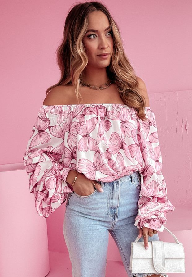 Gemusterte Offshoulder Bluse Butterfly Magic Rosa