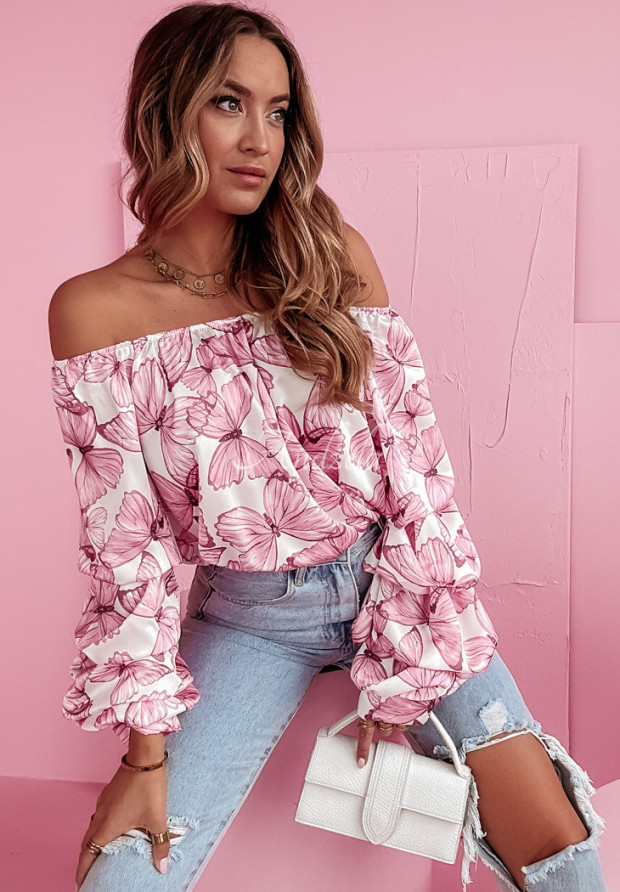 Gemusterte Offshoulder Bluse Butterfly Magic Rosa