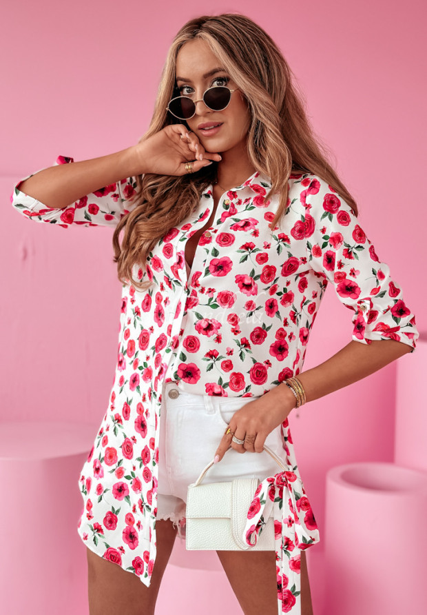 Langes Tunika-Shirt mit Blumen Flowers Flows weiß-rosa