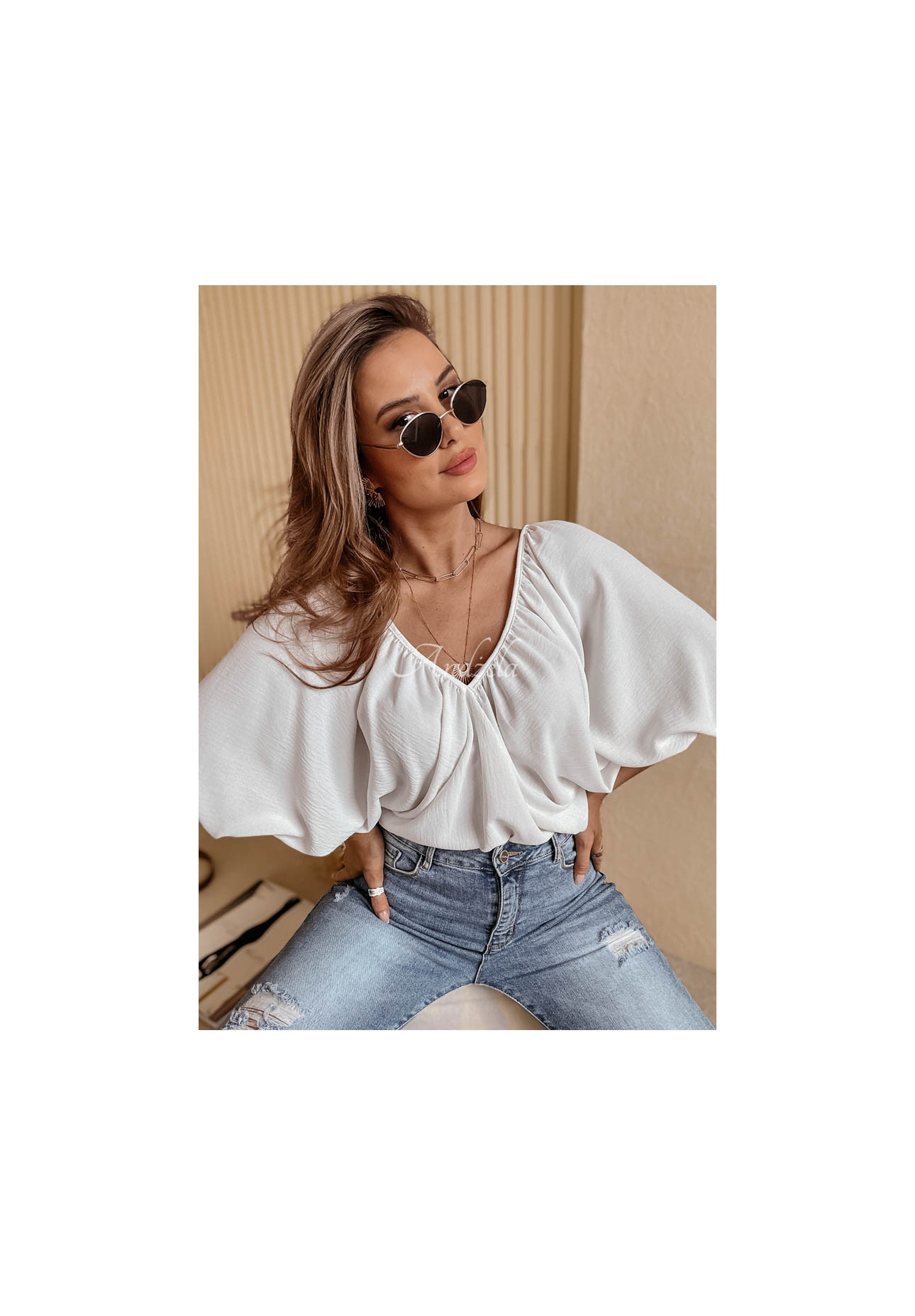 Bluse mit Bindung Carnation Charm Ecru