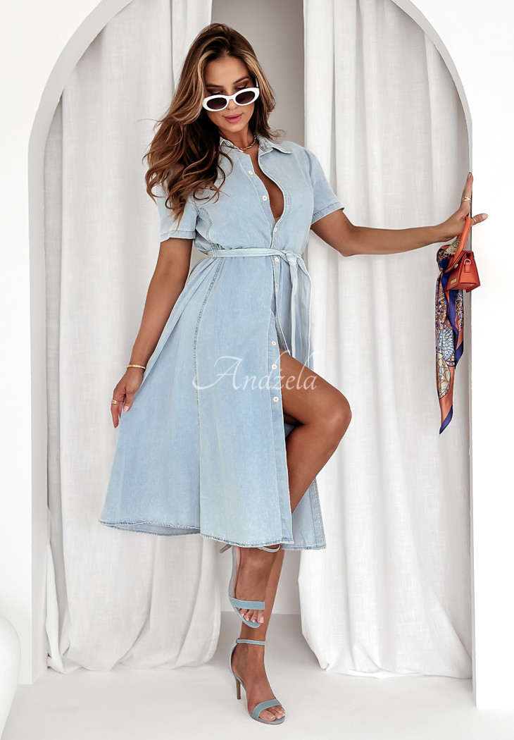 Denim-Kleid mit Gürtel Lady Aura hellblau