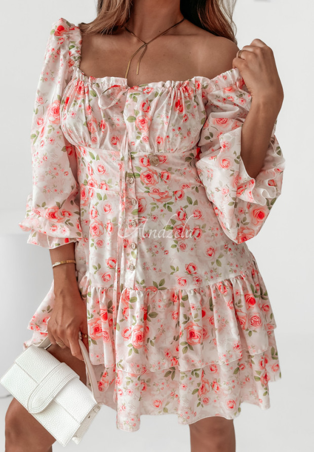 Off-Shoulder-Kleid mit Blumenmuster Enchanted Blooms weiß-rosa