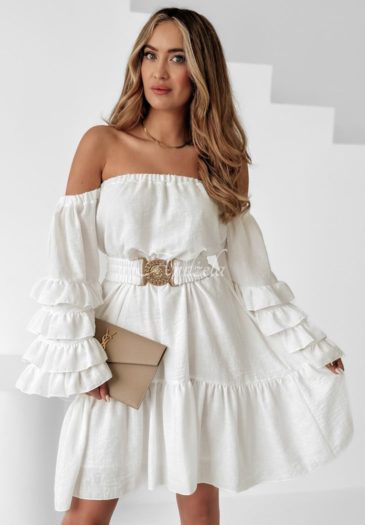 Offshoulder Leinenkleid mit Gürtel Luxe Looks Ecru