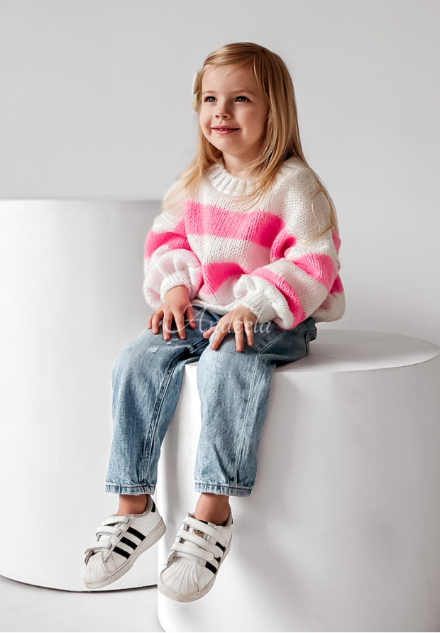 Gestreifter oversized Kinder-Pullover Cute Duo weiß-Rosa