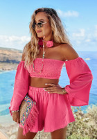 Krótka muślinowa Bluse Kleid im spanischen Stil Aloha Beaches Rosa