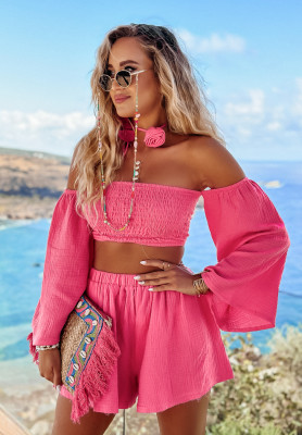 Kurze Off-Shoulder-Bluse aus Musselin Aloha Beaches Rosa