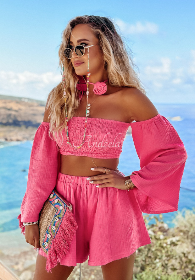 Kurze Off-Shoulder-Bluse aus Musselin Aloha Beaches Rosa